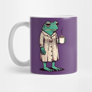 Sleepy tired frog with coffee Mug